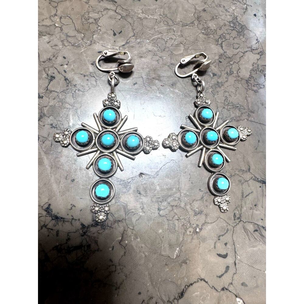 Vintage C. 1980 Zuni Turquoise Sterling Silver Cross Earrings 2” Never Worn